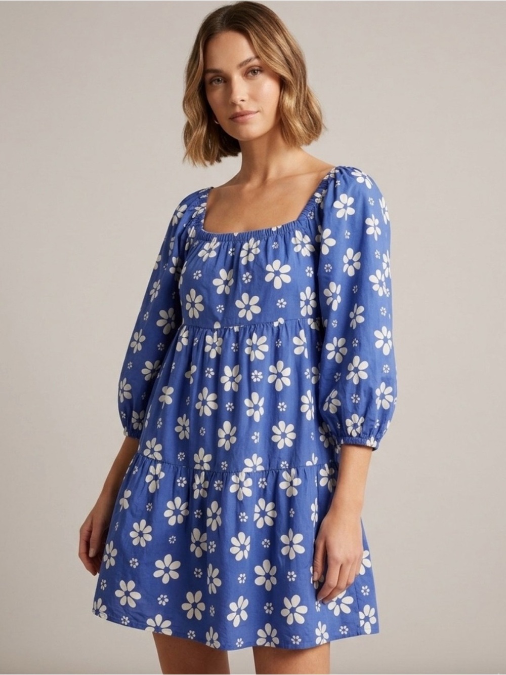 Billabong 100% Cotton Blue Daisy Floral Puff Sleeve Tiered Mini Dress M⁠